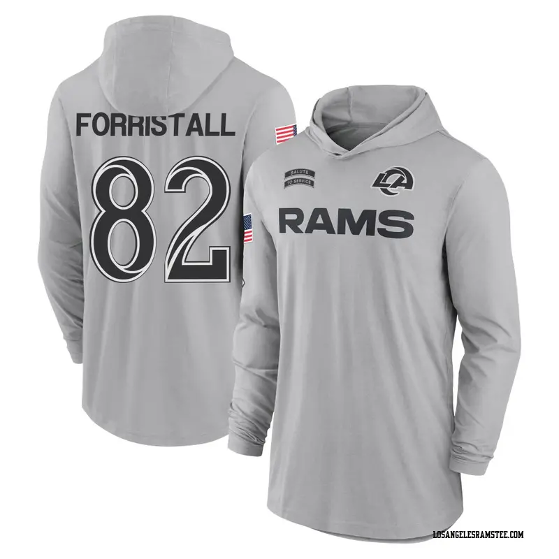 Men's Los Angeles Rams ＃82 Miller Forristall Gray 2024 Salute to Service Lightweight Performance Long Sleeve Hooded T-Shirt