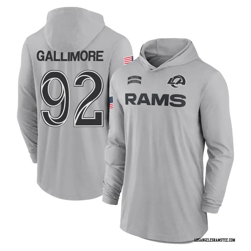 Men's Los Angeles Rams ＃92 Neville Gallimore Gray 2024 Salute to Service Lightweight Performance Long Sleeve Hooded T-Shirt