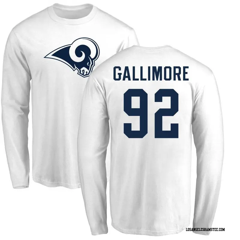 Men's Los Angeles Rams ＃92 Neville Gallimore White Name & Number Logo Long Sleeve T-Shirt