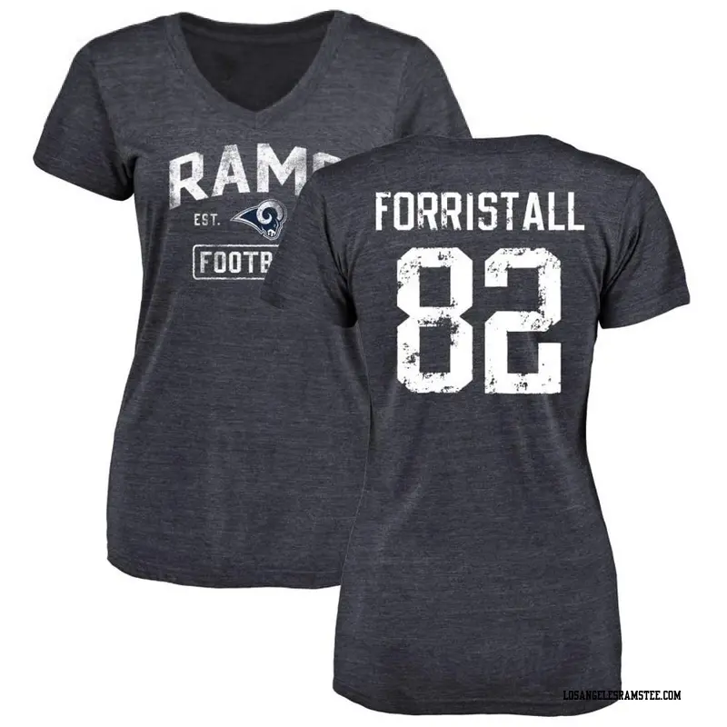 Women's Los Angeles Rams ＃82 Miller Forristall Navy Distressed Name & Number V-Neck T-Shirt