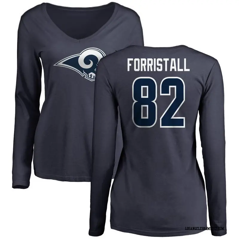 Women's Los Angeles Rams ＃82 Miller Forristall Navy Name & Number Logo Slim Fit Long Sleeve T-Shirt