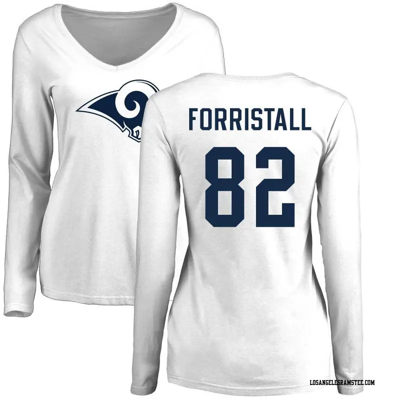 Women's Los Angeles Rams ＃82 Miller Forristall White Name & Number Logo Slim Fit Long Sleeve T-Shirt