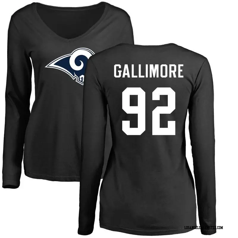 Women's Los Angeles Rams ＃92 Neville Gallimore Black Name & Number Logo Slim Fit Long Sleeve T-Shirt