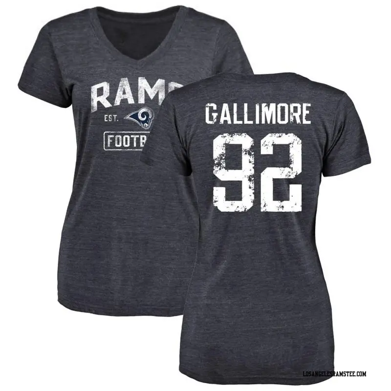 Women's Los Angeles Rams ＃92 Neville Gallimore Navy Distressed Name & Number V-Neck T-Shirt