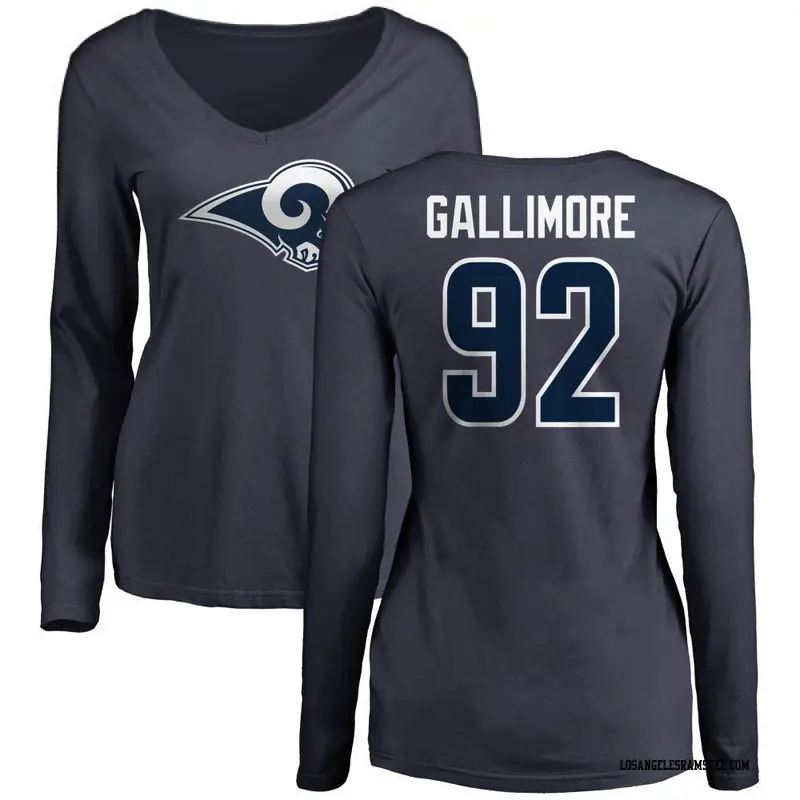 Women's Los Angeles Rams ＃92 Neville Gallimore Navy Name & Number Logo Slim Fit Long Sleeve T-Shirt