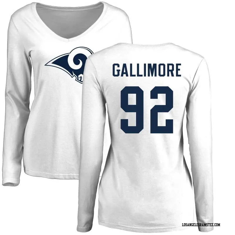 Women's Los Angeles Rams ＃92 Neville Gallimore White Name & Number Logo Slim Fit Long Sleeve T-Shirt